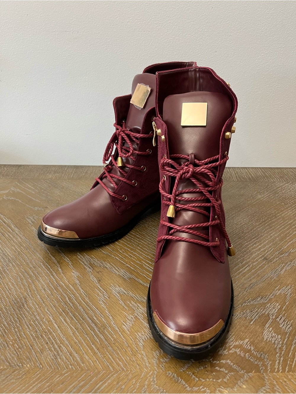 Women's 11 Burgundy Lace-Up Ankle Boots with Gold Trim